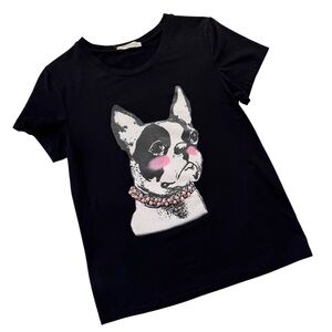 Black Boston Terrier Dog Graphic T-Shirt Pink Pearl Embellished Bulldog Frenchie
